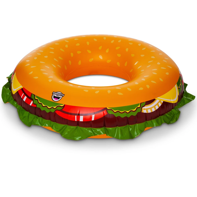Pool Float | Cheeseburger inflatable pool float shaped like a cheeseburger with sesame seed bun and lettuce details.