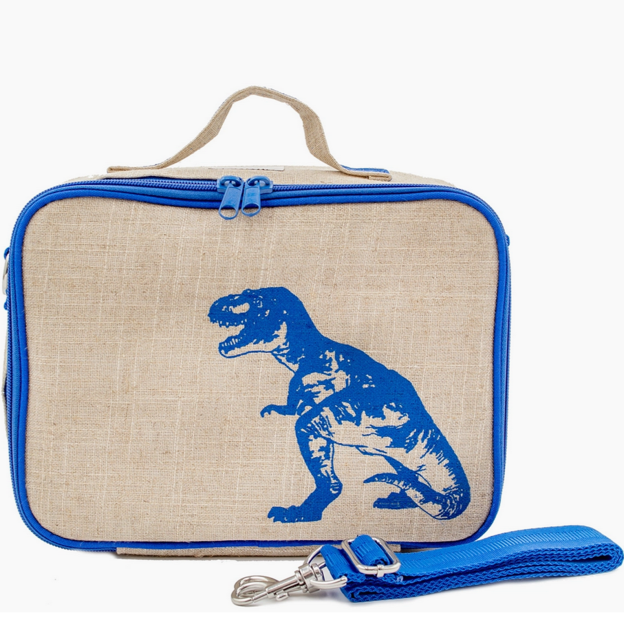 Lunch Box | Dino with linen cotton exterior, blue dinosaur print, removable strap, and insulated interior for kids' meals.