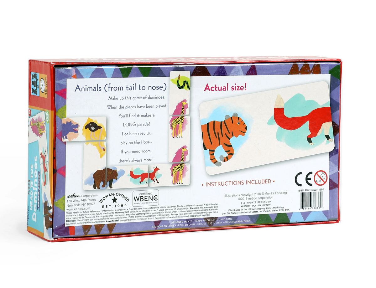 Dominoes Head to Toe box showing animal-themed domino pieces with illustrations by Monika Forsberg.