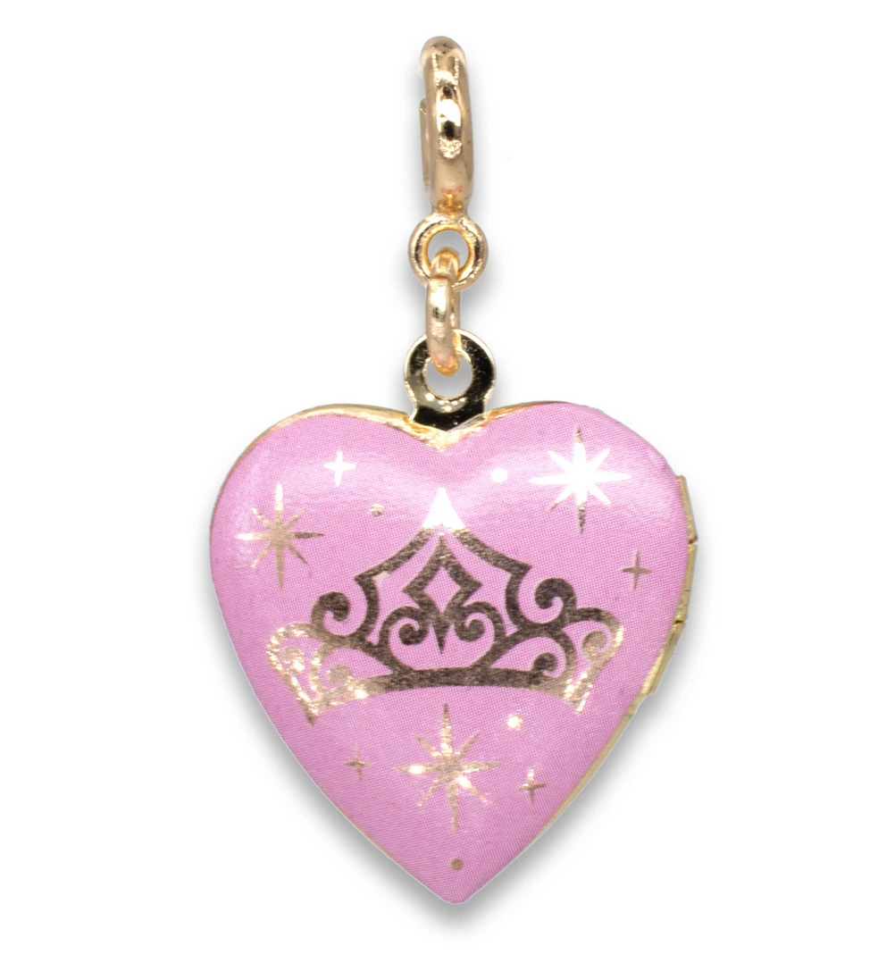 Gold Princess Locket Charm pink heart-shaped locket with gold crown design and anodized base metal finish.