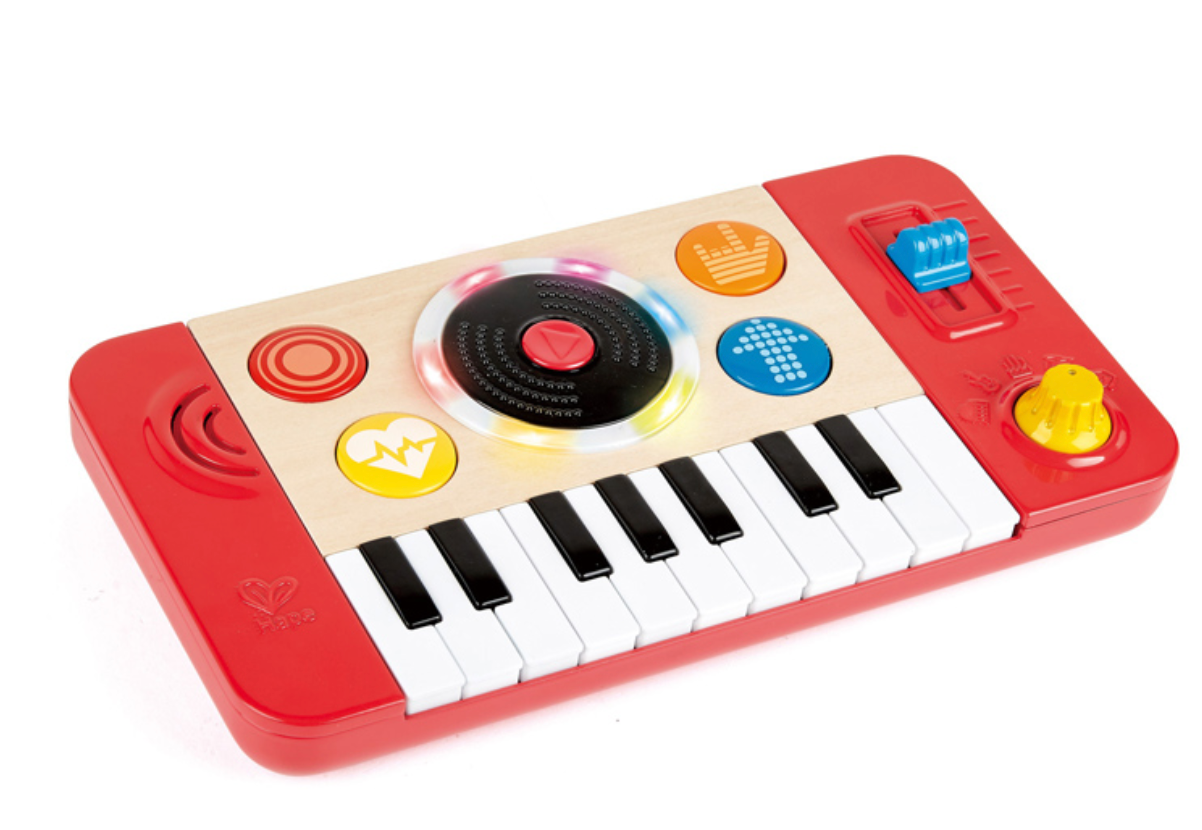 DJ Mix & Spin Studio with colorful keyboard, record player, sound effect buttons, and tempo slider for kids' music play.