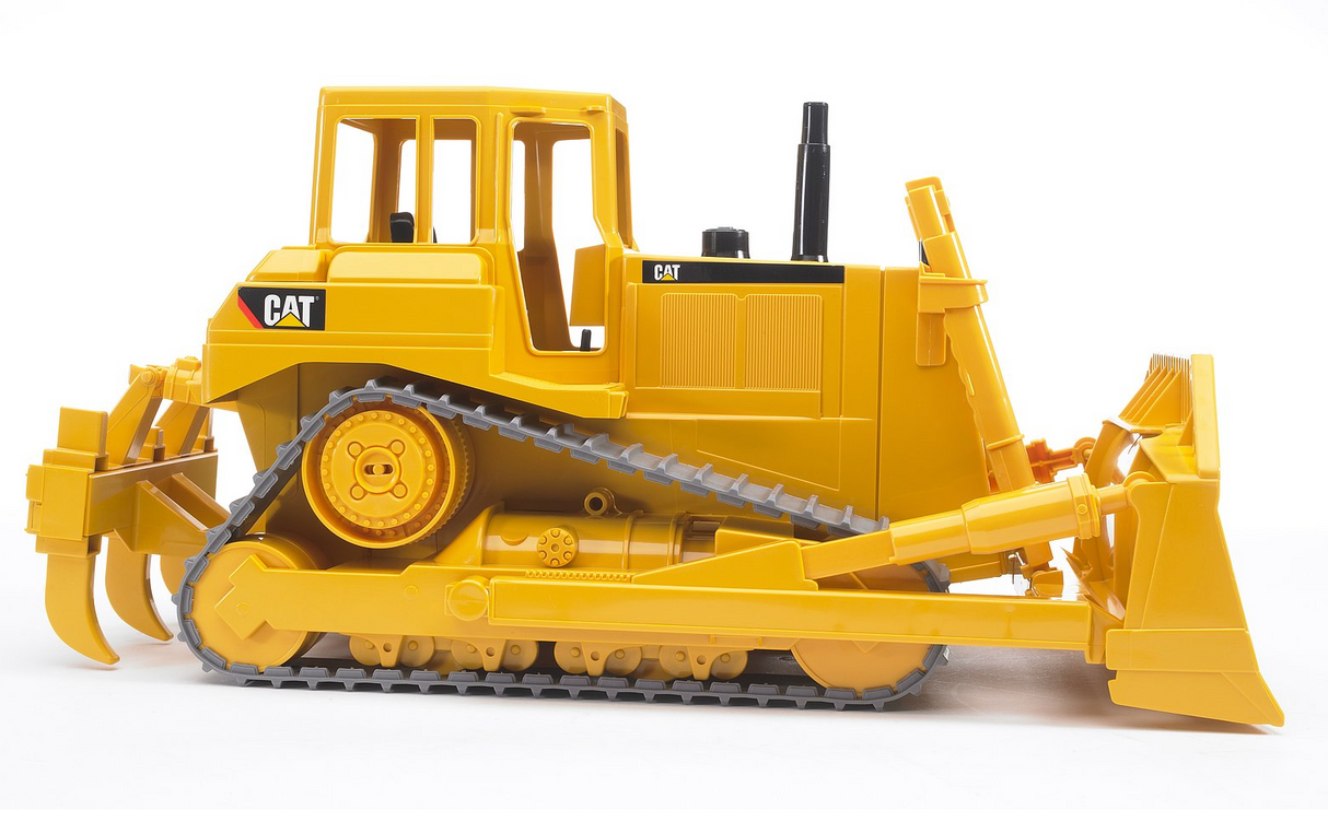 Cat Bulldozer toy with adjustable plough blade, loosening rake, and crawler tracks, suitable for ages 3 and up.