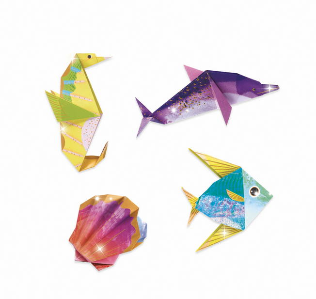 Origami Sea Creatures featuring colorful paper sea horse, dolphin, fish, and shell folded from illustrated origami paper sheets.