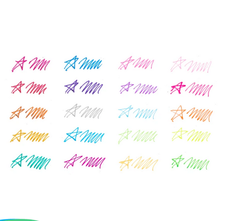 Mini Doodlers Fruity Scented Gel Pens showing colorful glitter, neon, and pastel scribbles with star shapes.