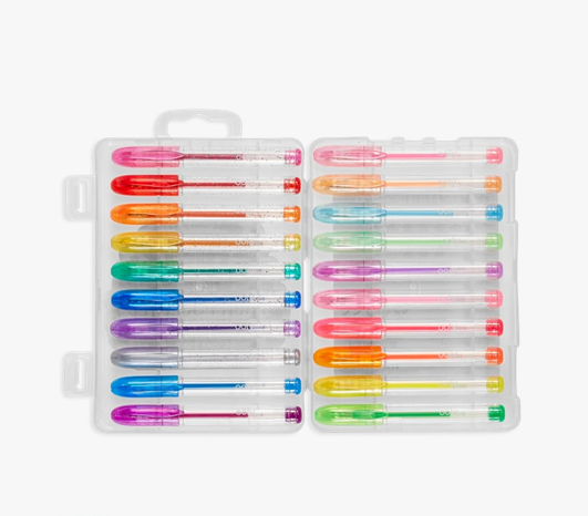 Mini Doodlers Fruity Scented Gel Pens set with 20 vibrant colors in reusable plastic case for creative writing and drawing.
