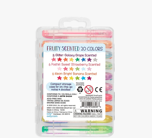 Mini Doodlers Fruity Scented Gel Pens set with 20 vibrant colors in a clear reusable plastic case.