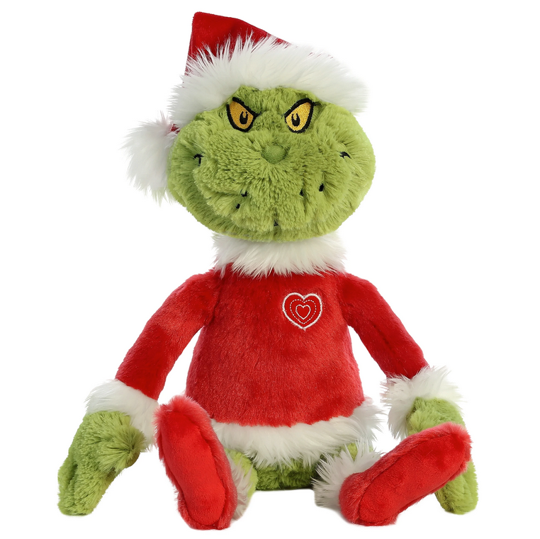 Grinch Santa plush toy wearing a red Santa outfit with white fur trim and a mischievous smile, 16 inches tall.