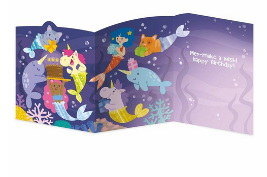 Mermaids TriFold Card showing colorful mermaid animals holding gifts with a Happy Birthday message inside.