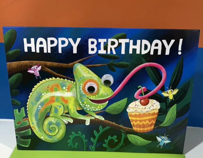 Chameleon Googly Eye Card featuring a colorful chameleon with googly eyes and a cupcake, wishing happy birthday.