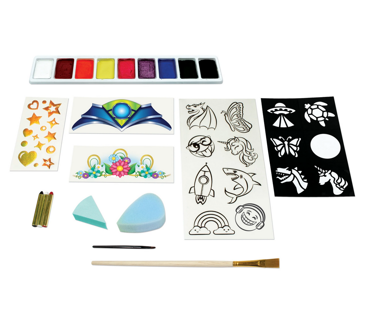 Face Paint Studio complete kit with vibrant paints, brushes, sponges, stencils, and face decals for creative face painting designs.