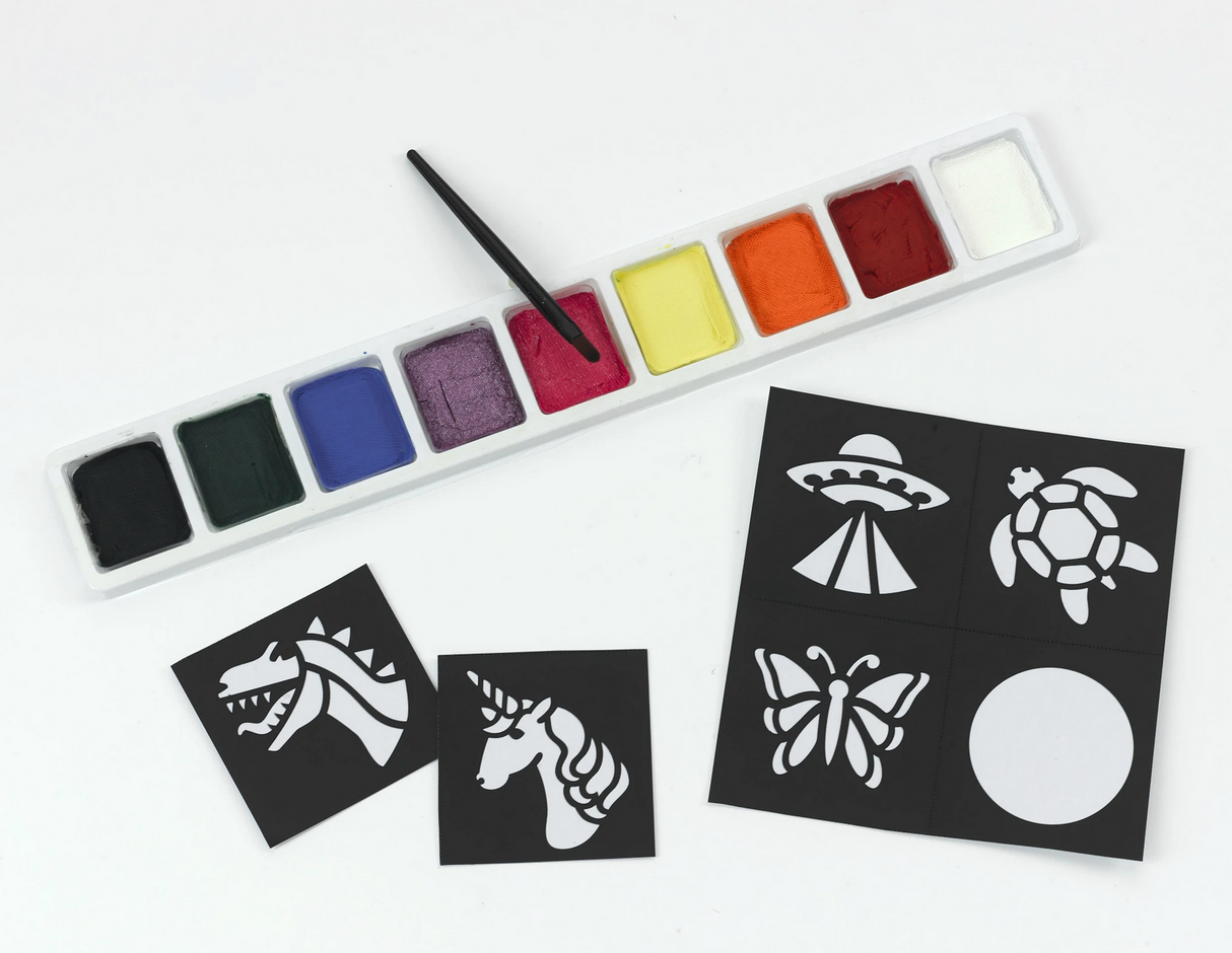 Face Paint Studio kit with colorful paints, brushes, and self-adhesive stencils for creative face painting designs.