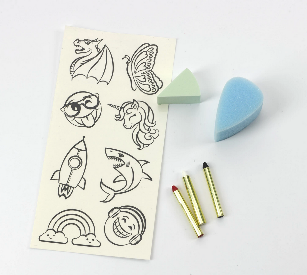 Face Paint Studio with self-adhesive stencils, paint crayons, and sponges for creative face painting designs.