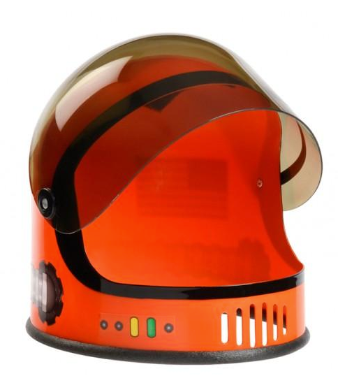 Youth size Astronaut Helmet in bright orange with a moving visor, detailed design, and NASA logo for kids.