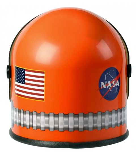 Youth size Astronaut Helmet in bright orange with NASA and USA flag decals, designed for kids ages 3-10.