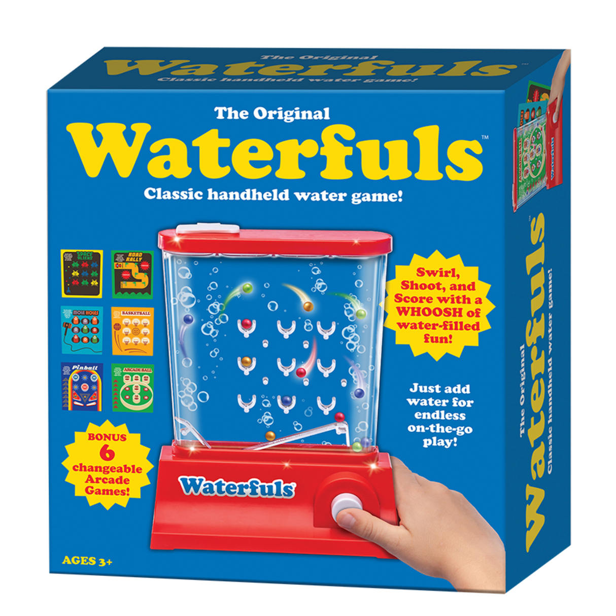 The Original Waterfuls classic handheld water game with 6 interchangeable arcade play panels and water-filled fun.