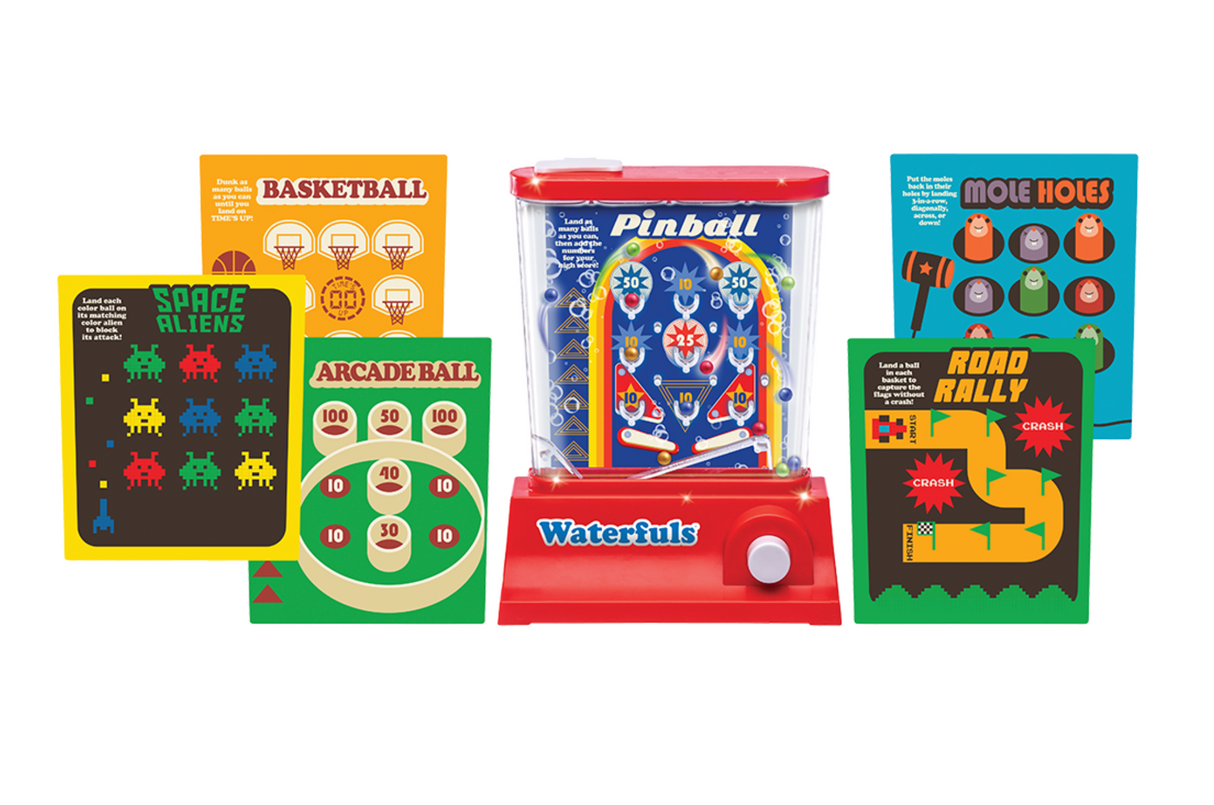 Original Waterfuls handheld classic water game with interchangeable retro arcade play panels and no batteries needed.