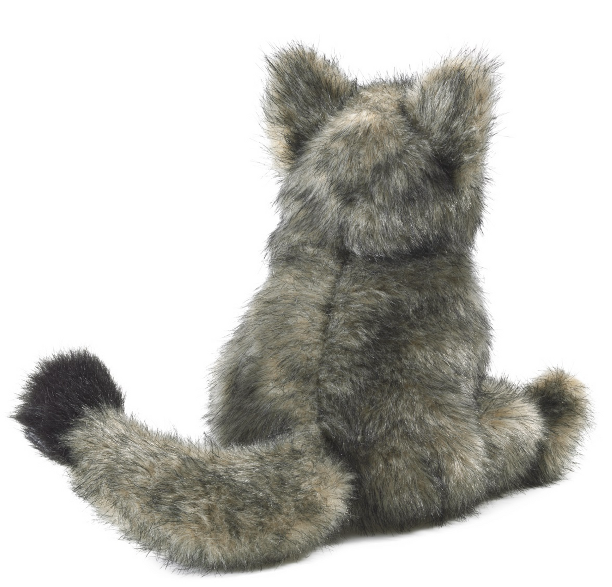 Coyote Puppet shown from the back, featuring soft fur and a bushy tail in a seated pose.