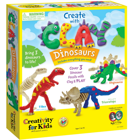 Create with Clay Dinosaurs kit with 3 dinosaur skeletons and colorful clay for creative STEAM play ages 5+.