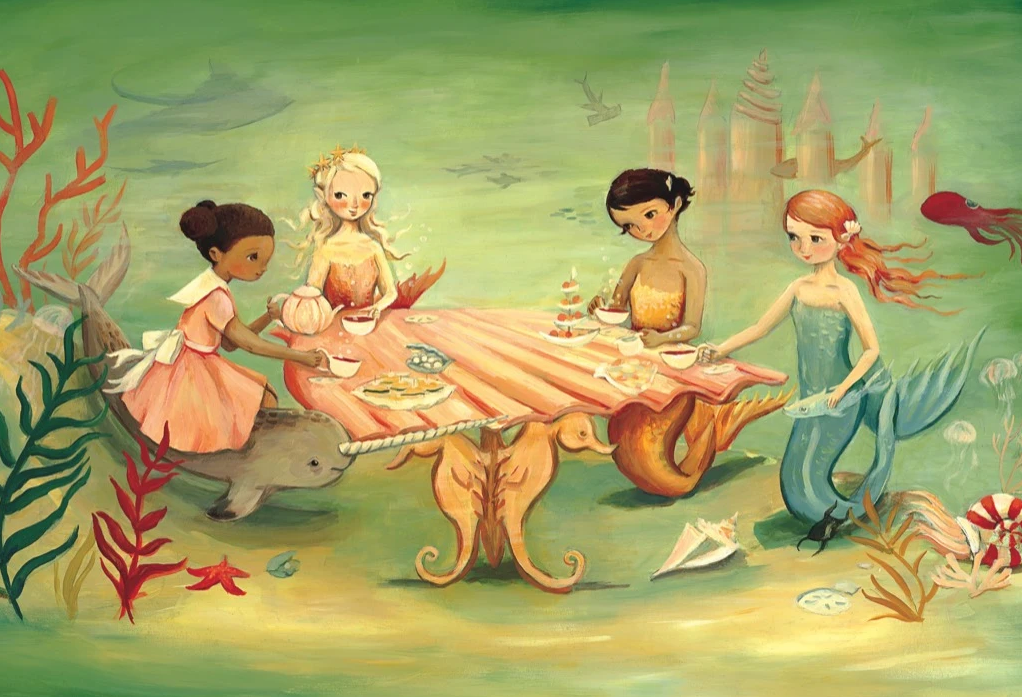 60pc Mermaid Tea Party Puzzle showing four mermaids enjoying tea and crumpets at an underwater table.