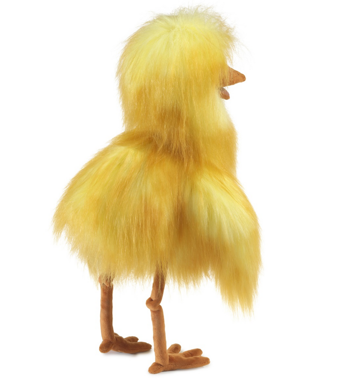 Funny Bird Puppet with bright yellow fluffy feathers, moveable beak, and playful design for fun storytelling.