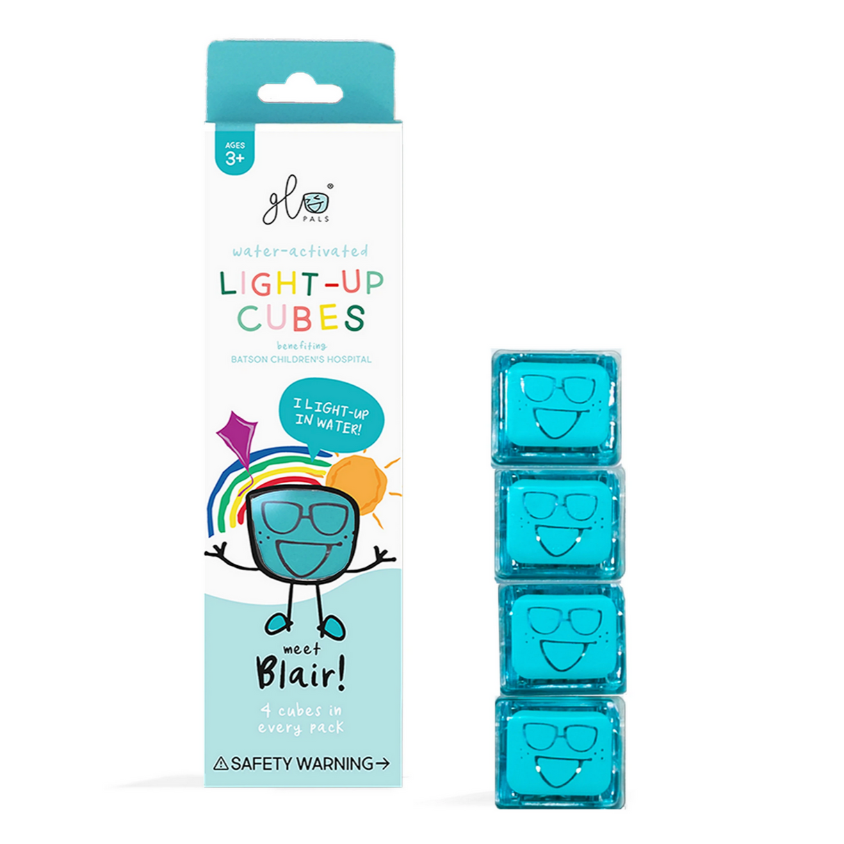 Glo Pals Blue light-up cubes featuring Blair character, water-activated for glowing fun, pack of four cubes.