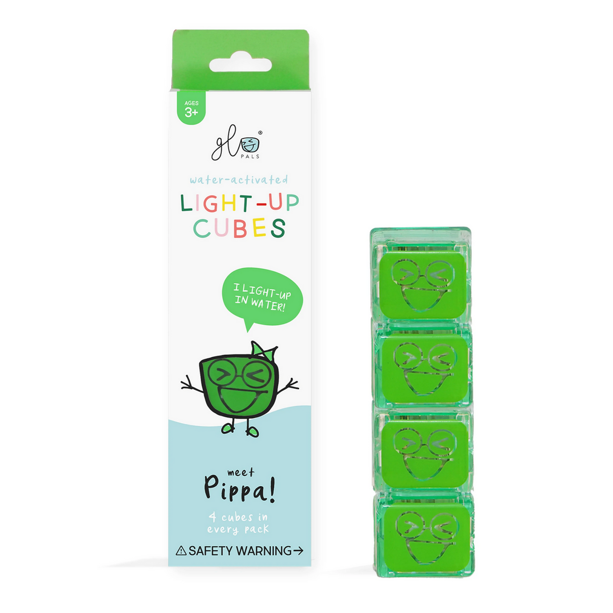 Glo Pals Green water-activated light-up cubes featuring Pippa, glowing bright green when placed in water, pack of four cubes.