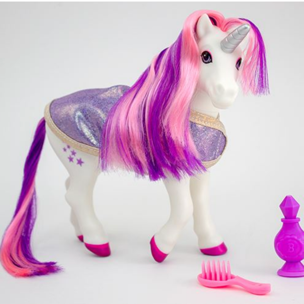 Luna Color Change Unicorn toy with pink and purple mane, bathrobe, brush, and atomizer spray bottle for kids age 2+