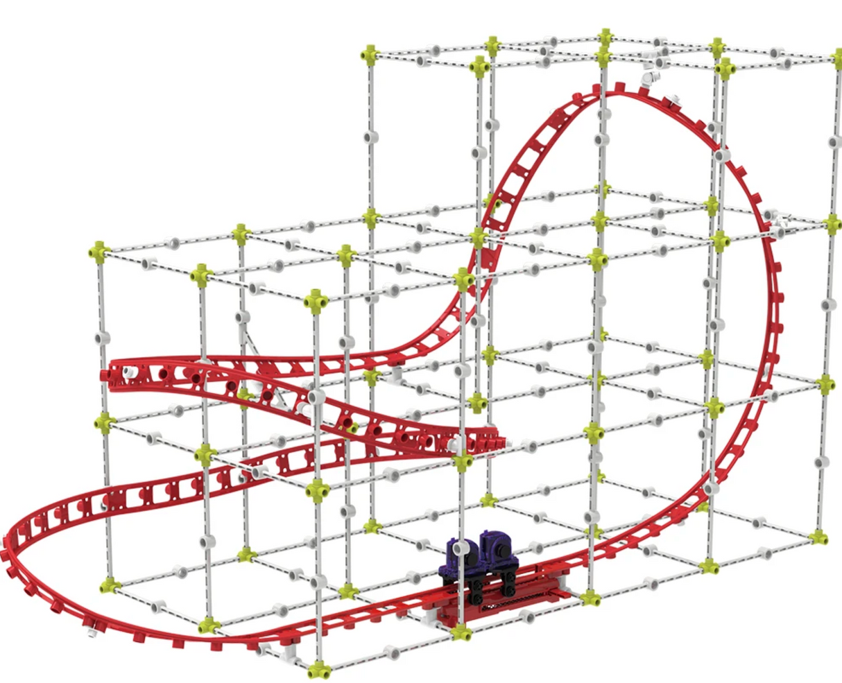 Roller Coaster Engineering set with modular frame and red flexible track forming a loop-de-loop roller coaster model.