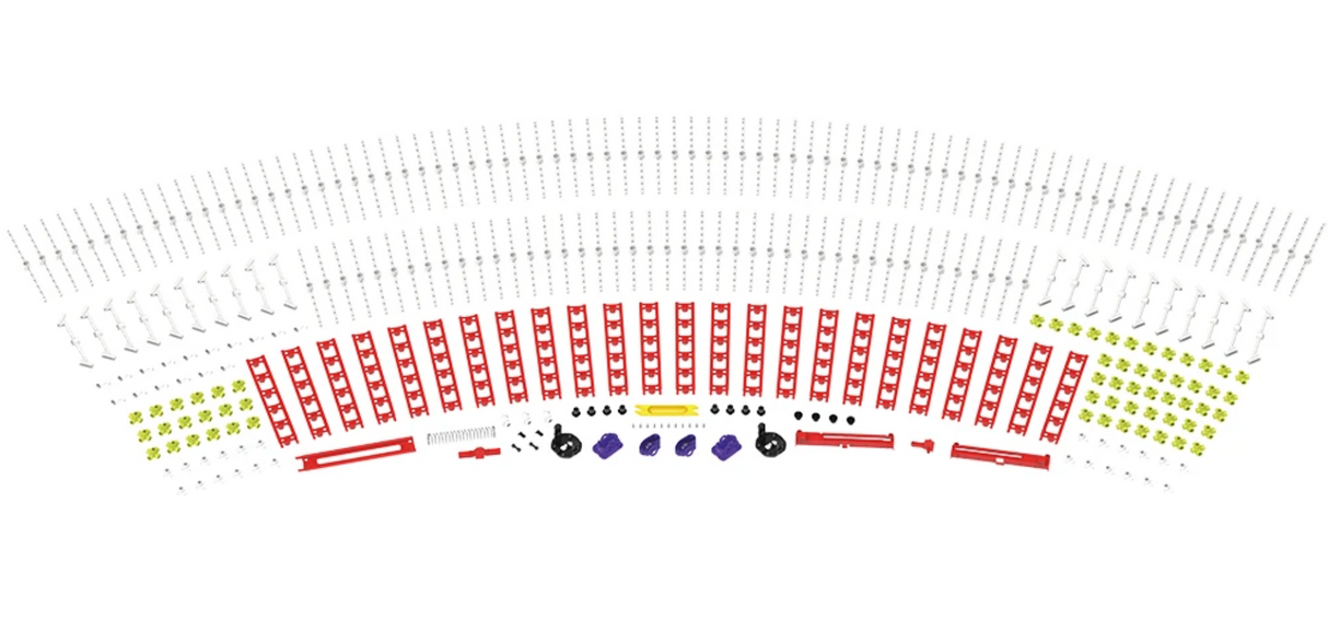 Roller Coaster Engineering set with modular red frames, white track pieces, connectors, and wheels for building coaster models.