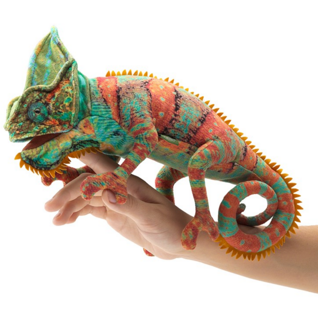 Small Chameleon Puppet in vibrant colors with movable mouth, handmade fabric, perfect size for imaginative play.