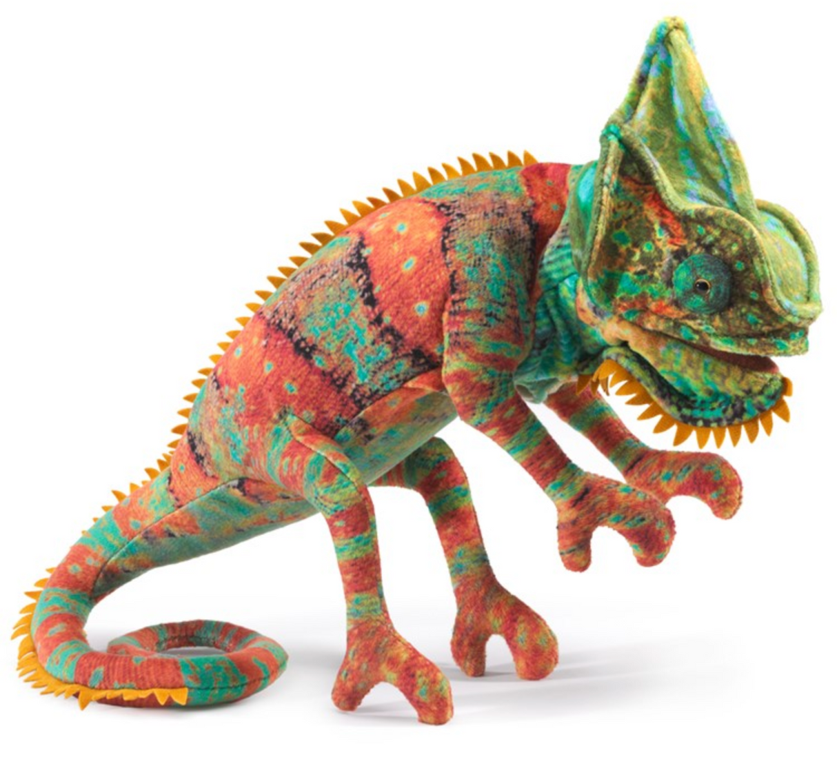 Small Chameleon Puppet colorful and detailed with movable mouth, perfect size for imaginative play and pet toy.