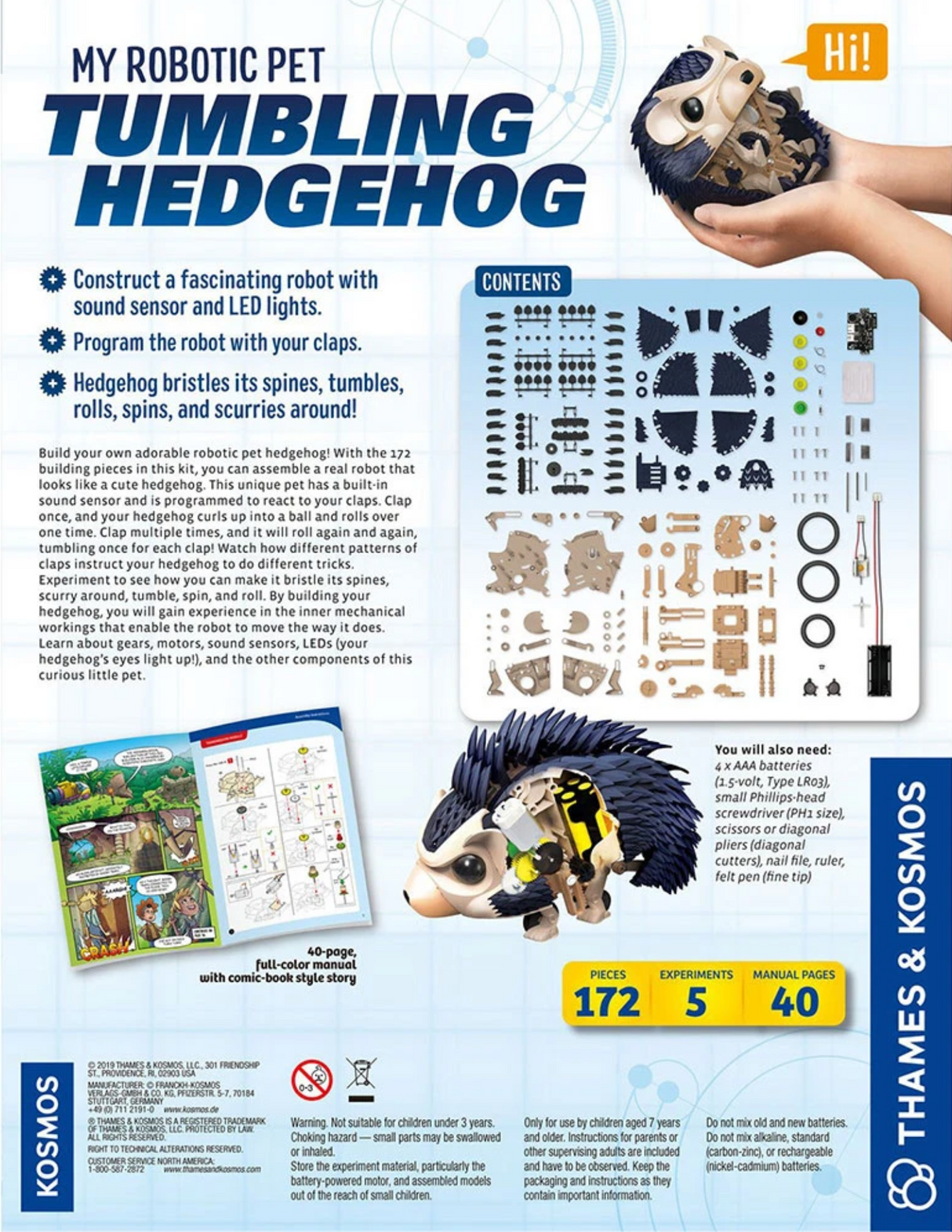 Tumbling Hedgehog Robotic Pet with 172 pieces, sound sensor, LED eyes, and interactive clap response robot kit for kids.