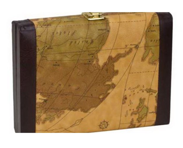 Backgammon | Old Map 9 travel board with antique map design, magnetic pieces, dice cups, and dice, 9 inches compact size.
