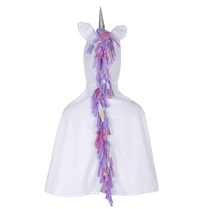 Baby White Unicorn Cape Size 2-3 with silver horn and purple mane, soft white fabric, easy Velcro neck closure.
