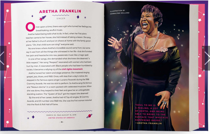 Good Night Stories for Rebel Girls: 100 Real-Life Tales of Black Girl Magic open to Aretha Franklin story and portrait illustration.