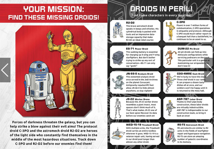 These Are the Droids You're Looking For Search & Find book page showing droids to find with C-3PO and R2-D2 illustration
