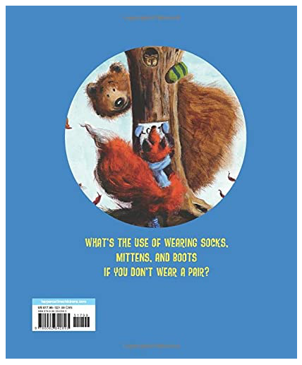 Back cover of The Missing Pairs showing Bear with Fox and a green striped sock missing from a tree hole.