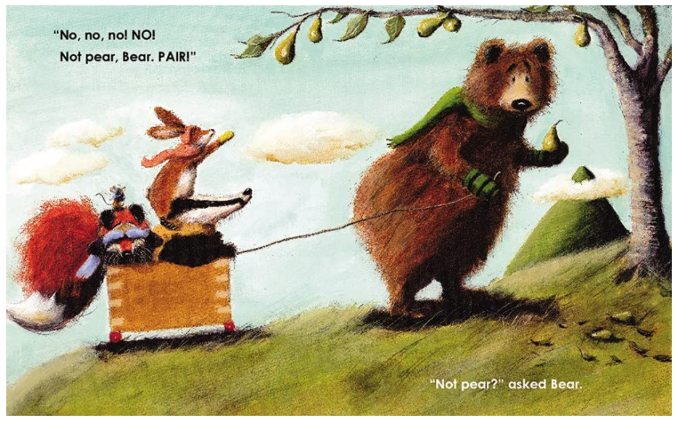 Illustration from The Missing Pairs showing Bear misunderstanding "pair" while Fox and Hare ride in a wagon outdoors.