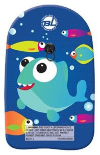 Kickboard with a fun blue fish design, perfect for beach or pool play, 18 inches long for extra splash fun.