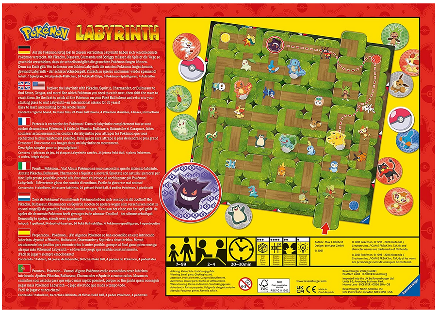 Pokemon Labyrinth game box back showing maze paths and Pokémon characters for strategic family fun.
