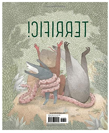Terrific! book cover with animals and a snake tangled together under greenery, illustrating friendship and cooperation.