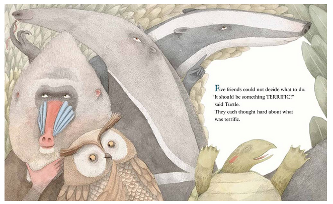 Terrific! book illustration showing five animals including mandrill, owl, badger, turtle brainstorming ideas together.