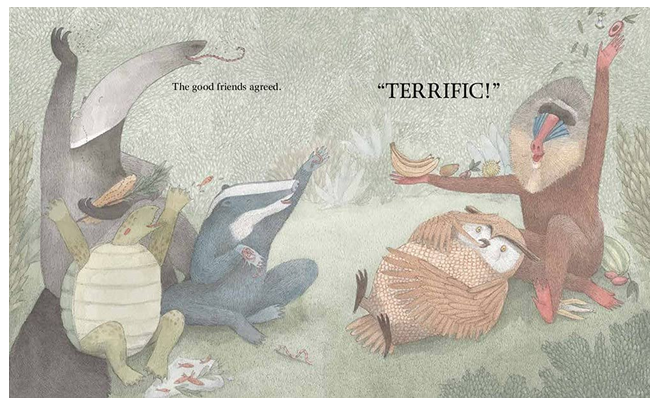 Illustration from Terrific! showing five animal friends celebrating together with smiles and raised hands.