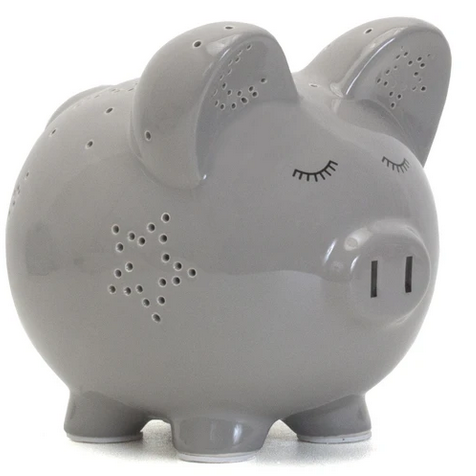 Piggy Bank Nightlight Grey made of durable ceramic dolomite with a smooth, glossy finish and star-shaped light vents.