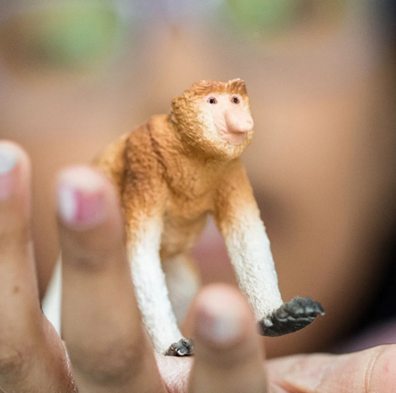 Proboscis Monkey figurine from Schleich WILD LIFE held on fingers, showing detailed primate features.