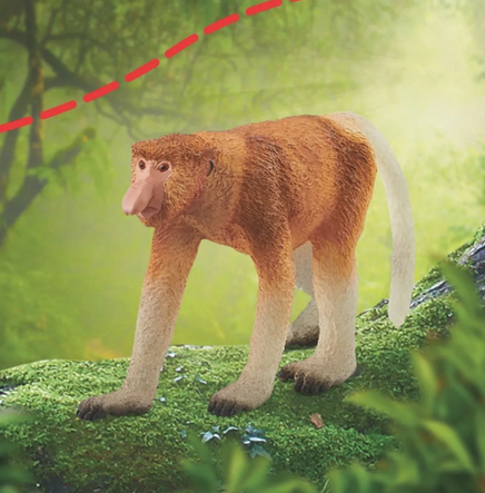Proboscis Monkey toy figure in a lush green rainforest setting, showing detailed fur and large nose.