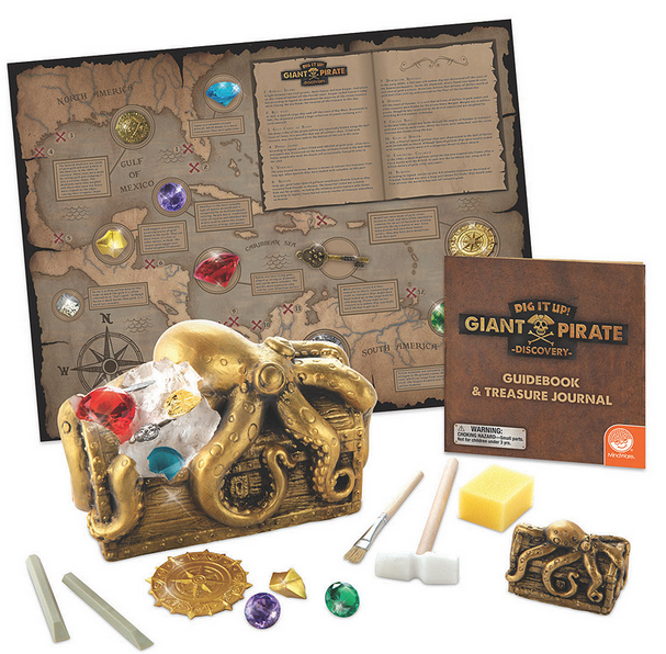 Dig It Up Pirate Discovery with treasure chest, jewels, coins, guidebook, and treasure map for pirate adventure play.