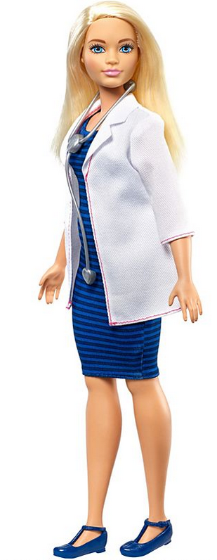 Barbie Doctor Doll wearing a striped dress, white doctor's coat, and stethoscope accessory for imaginative play.