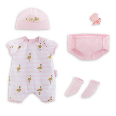 14in Layette Set with pink flamingo onesie, matching hat, socks, cloth diaper, and pacifier for dolls.