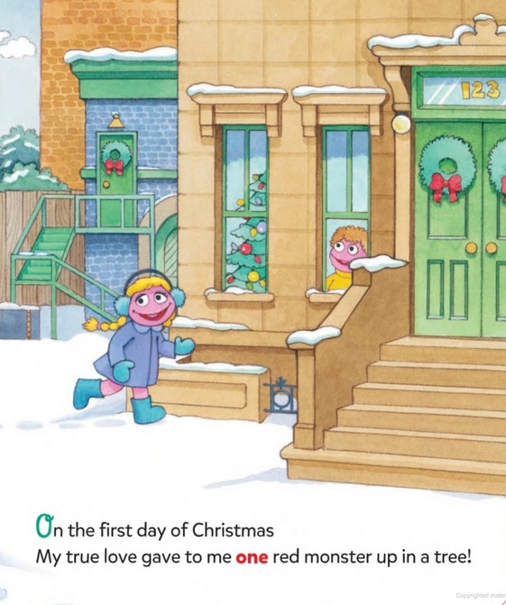 Illustration from Elmo's 12 Days of Christmas showing winter scene with a red monster and children near a decorated door.